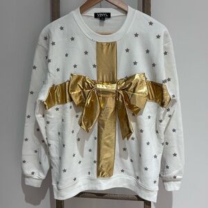 Vinyl Icons Ugly Christmas Sweater White Gold Stars Bow Women’s Size Small NWT